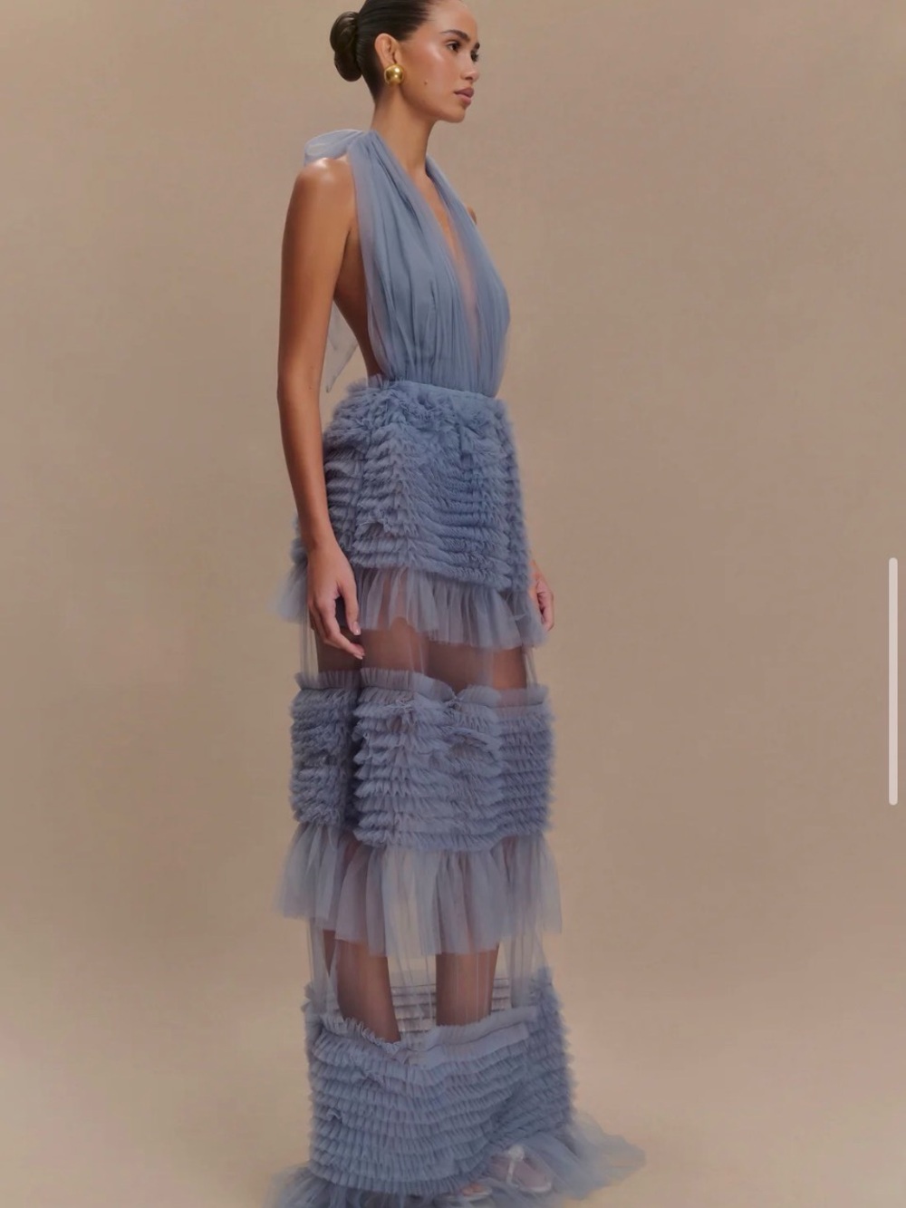 Meshki Dusty Blue Sheer Ruffle Tulle backless Maxi Dress